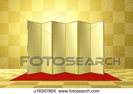 Picture - Golden folding screen on a red carpet. Fotosearch
