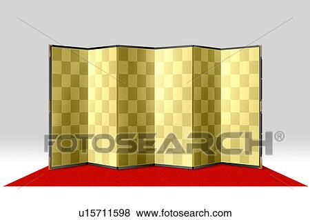 Stock Photo - Golden folding screen on a red carpet. Fotosearch