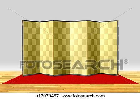 Golden folding screen on a red carpet over hardwood floor View Large Photo Image Stock Photo - Golden folding screen on a red carpet over hardwood floor. Fotosearch