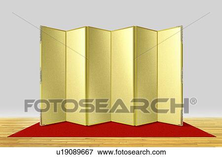 Stock Photo - Golden folding screen on a red carpet over hardwood floor. Fotosearch