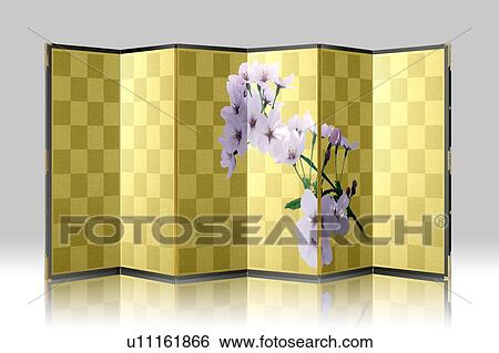 Golden folding screen with cherry blossom View Large Photo Image Stock Photograph - Golden folding screen with cherry blossom . Fotosearch
