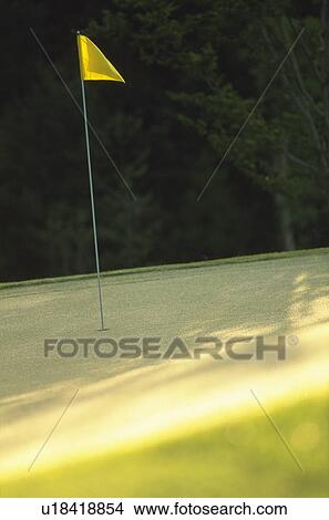 Picture - Golf course and golf flag in hole. Fotosearch