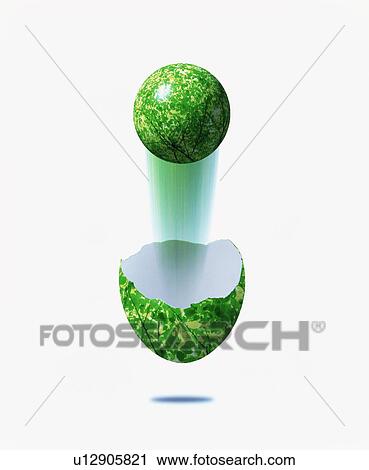 Stock Image - Green Egg and Jumping Out Globe. Fotosearch