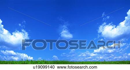 Stock Image - Green field, blue sky and clouds. Fotosearch