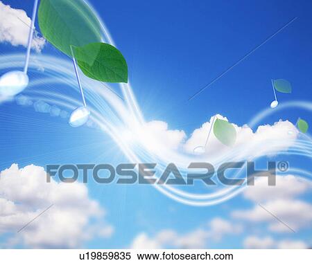 Stock Photography - Green leaves float through the sky as musical notes. Fotosearch