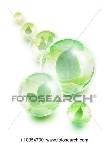 Stock Image - Group of shiny spheres with leaves inside. Fotosearch