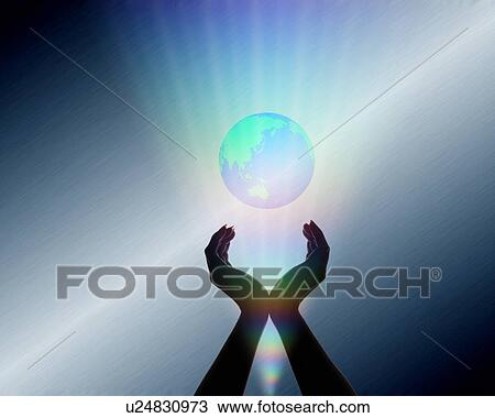 Stock Image - Hands reaching up towards a globe. Fotosearch