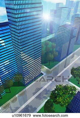 High angle view of skyscrapers and city streets View Large Photo Image Stock Photo - High angle view of skyscrapers and city streets. Fotosearch