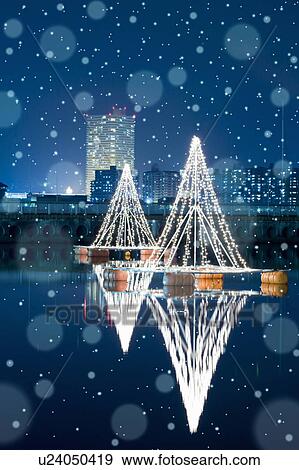 Stock Photo - Illuminated Christmas Trees by Lake Biwa. Otsu, Shiga Prefecture, Japan. Fotosearch