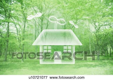 Stock Photo - Illustration of a cottage with a plant growing from the roof against a green forest. Fotosearch