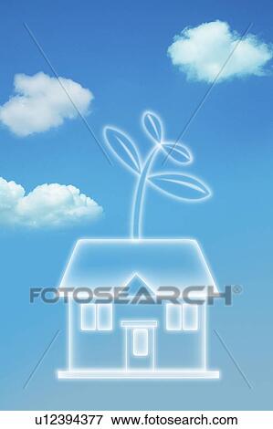 Stock Photo - Illustration of a cottage with a plant growing from the roof against a blue sky. Fotosearch