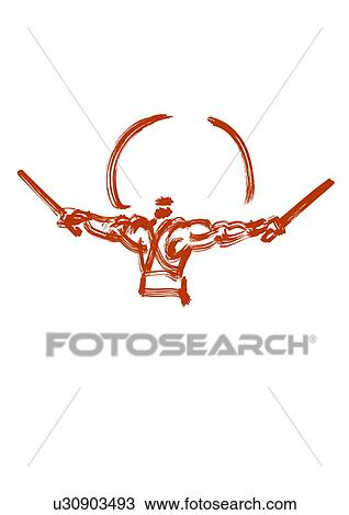 Stock Image - Illustration of man playing drum, white background, copy space. Fotosearch