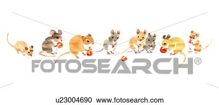 Stock Image - Illustration of mice eating cherries, white background. Fotosearch