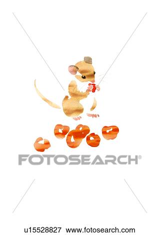Stock Photo - Illustration of mouse eating cherry, white background. Fotosearch