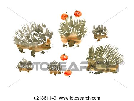 Illustration of six hedgehogs looking at cherries, white background View Large Photo Image Stock Photo - Illustration of six hedgehogs looking at cherries, white background. Fotosearch