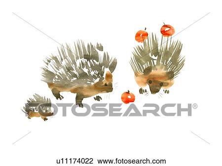 Stock Image - Illustration of three hedgehogs looking at cherry, white background. Fotosearch