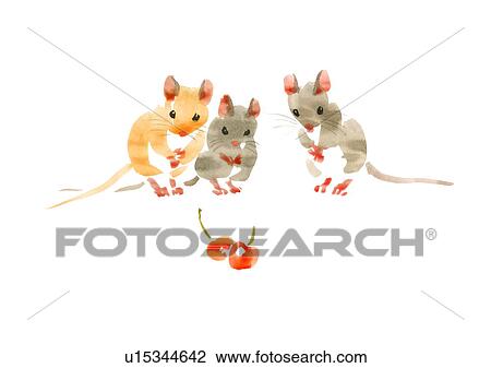 Stock Image - Illustration of three mice looking at cherries, white background. Fotosearch