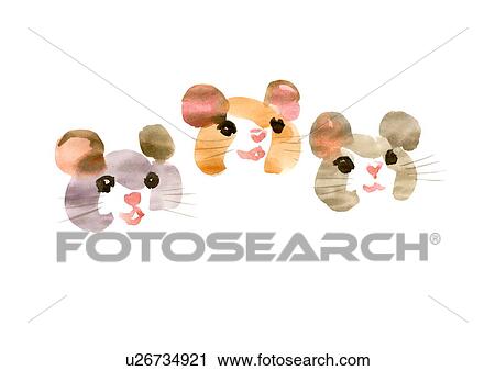 Stock Image - Illustration of three mice smiling, white background. Fotosearch