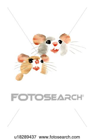 Stock Photo - Illustration of two mice smiling, white background, copy space. Fotosearch