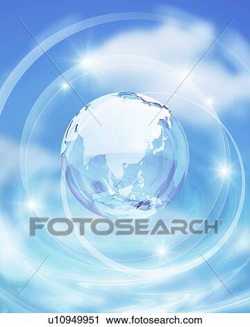 Stock Image - Image of the Earth floating in a blue sky. Fotosearch