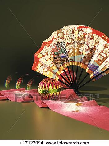 Japanese folding fan and Temari ball, computer graphic View Large Photo Image Picture - Japanese folding fan and Temari ball, computer graphic. Fotosearch
