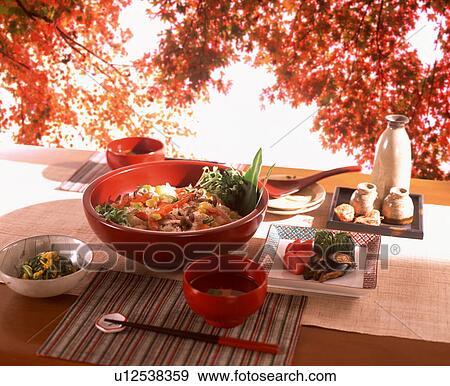 Japanese meal on outdoor table under Autumn leaves View Large Photo Image Stock Photo - Japanese meal on outdoor table under Autumn leaves. Fotosearch