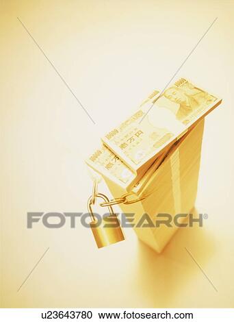 Stock Image - Japanese paper currency and padlock. Fotosearch