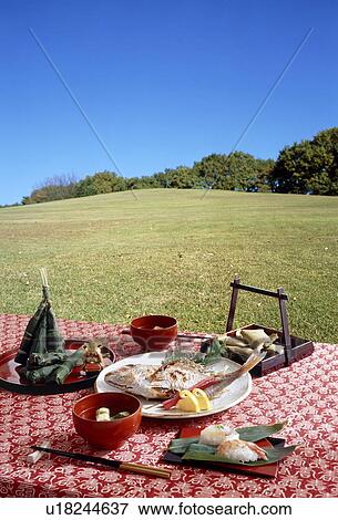 Japanese picnic meal outdoors View Large Photo Image Stock Photo - Japanese picnic meal outdoors. Fotosearch