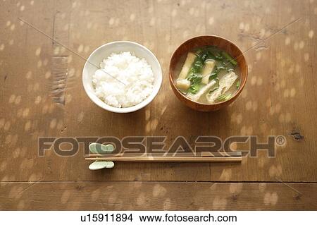 Japanese simple dishes, rice and miso soup View Large Photo Image Picture - Japanese simple dishes, rice and miso soup. Fotosearch