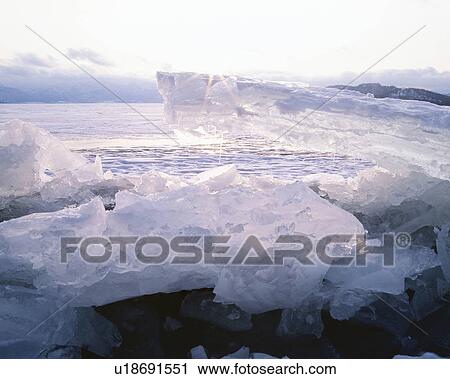 Stock Image - Lake Kussharo in winter, Hokkaido prefecture, Japan. Fotosearch