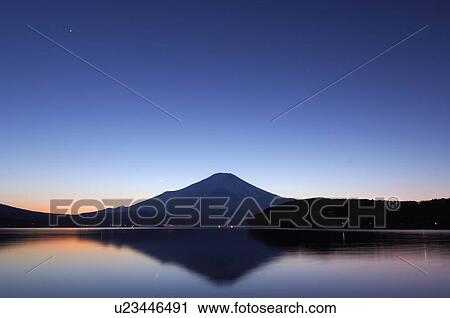 Stock Image - Lake Yamanakako and Mt. Fuji at sunset. Fotosearch
