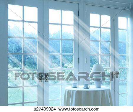 Picture - Lamp and coffee cups on table, computer graphic. Fotosearch