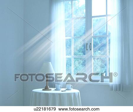 Stock Photo - Lamp and coffee cups on table, computer graphic. Fotosearch