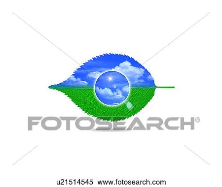 Stock Photography - Leaf and ball with image of sky, computer graphic, white background. Fotosearch