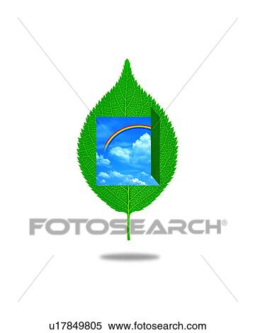 Stock Photography - Leaf with image of sky, computer graphic, white background. Fotosearch
