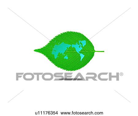 Picture - Leaf with image of world map, computer graphic, white background. Fotosearch