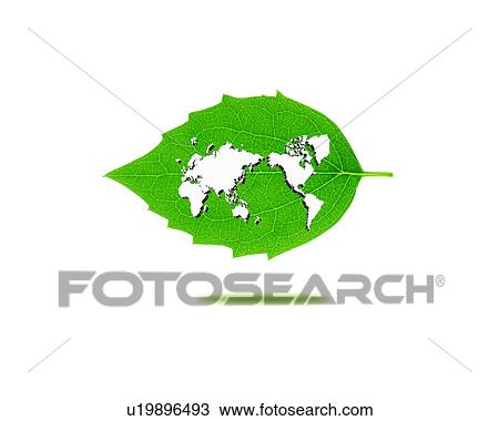 Stock Image - Leaf with image of world map, computer graphic, white background. Fotosearch