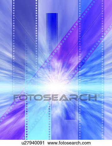 Stock Image - Light beams and image of films, computer graphic. Fotosearch