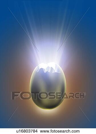Picture - Light coming out of cracked silver egg. Fotosearch