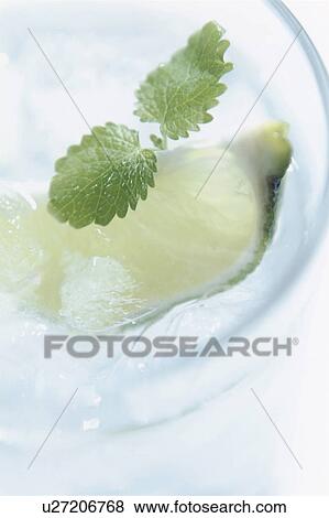 Stock Photo - Lime wedge and garnish in glass of water. Fotosearch