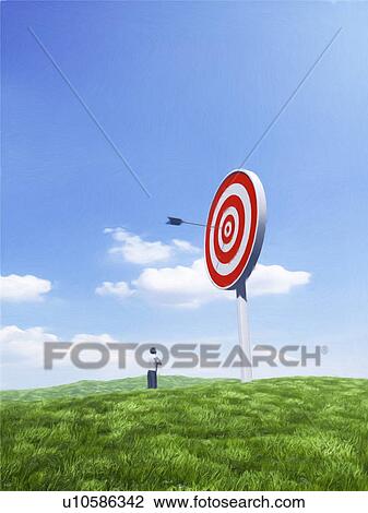 Stock Image - Male figurine looking at an arrow in Bull's eye. Fotosearch