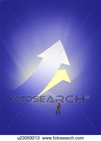 Stock Image - Male figurine looking at an arrow. Fotosearch