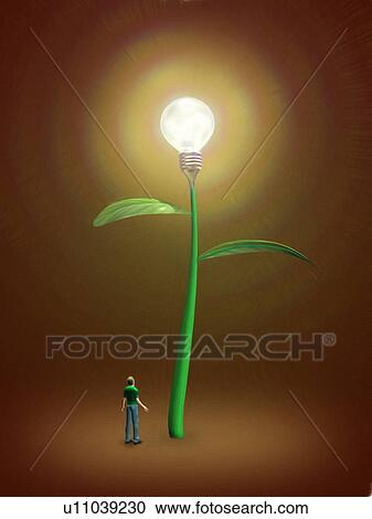 Stock Image - Male figurine looking at light bulb on top of sapling. Fotosearch