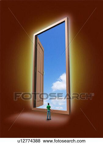 Stock Photo - Male figurine looking out of an open door. Fotosearch