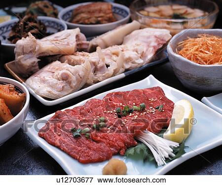 Stock Photo - Meat ready for barbecuing with other dishes. Fotosearch