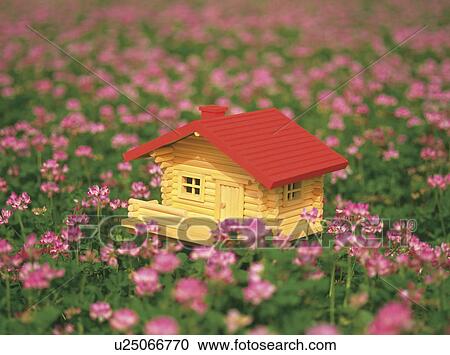 Miniature log cabin amongst pink flowers View Large Photo Image Stock Image - Miniature log cabin amongst pink flowers. Fotosearch