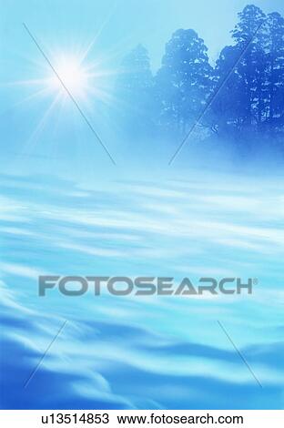 Stock Image - Misty water with trees in background. Fotosearch