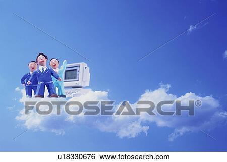 Stock Photograph - Model businessmen and computer in the sky. Fotosearch