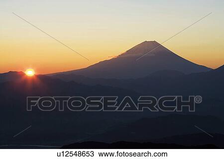 Stock Image - Mt. Fuji and sunrise, Masuho town, Yamanashi prefecture, Japan. Fotosearch