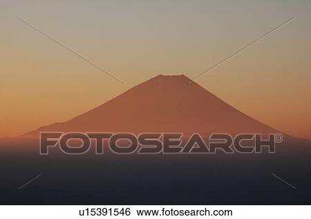 Stock Photograph - Mt. Fuji at dawn, Masuho Town, Yamanashi Prefecture, Japan. Fotosearch